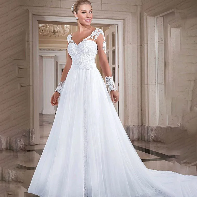 

Fashionable Tulle & Lace V-neck Neckline 2 In 1 Wedding Dresses With Beadings & Appliques & Detachable Skirt Bridal Grown
