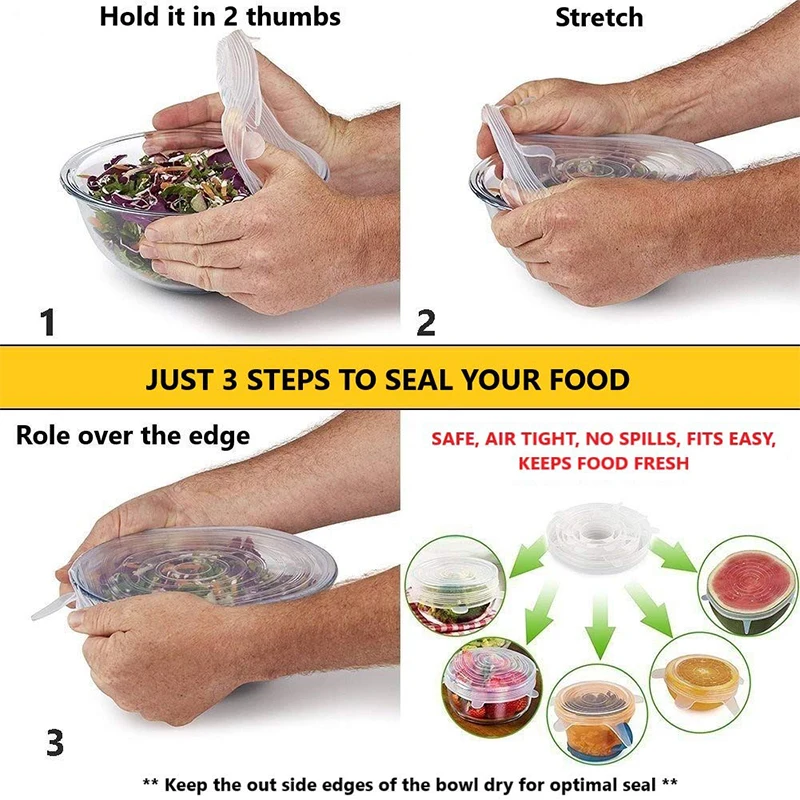 Силиконовые растягивающиеся крышки 6 упаковок различных размеров многоразовые