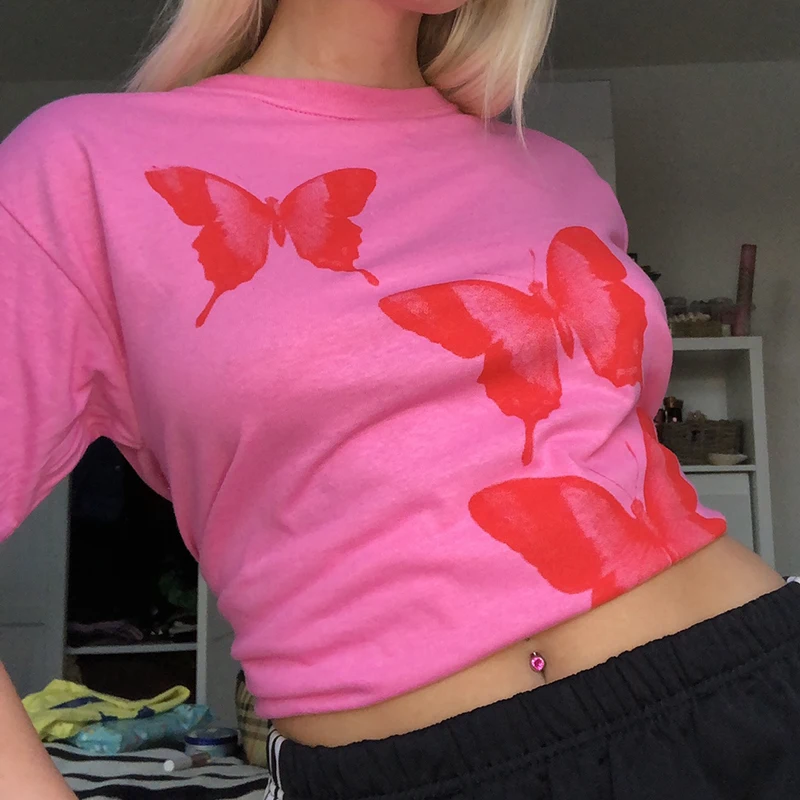 

IAMSURE Butterfly Pattern Printed T Shirt Women Loose Short Sleeve Tees Casual High Street O-Neck Top 2021 Fashion Streetwear