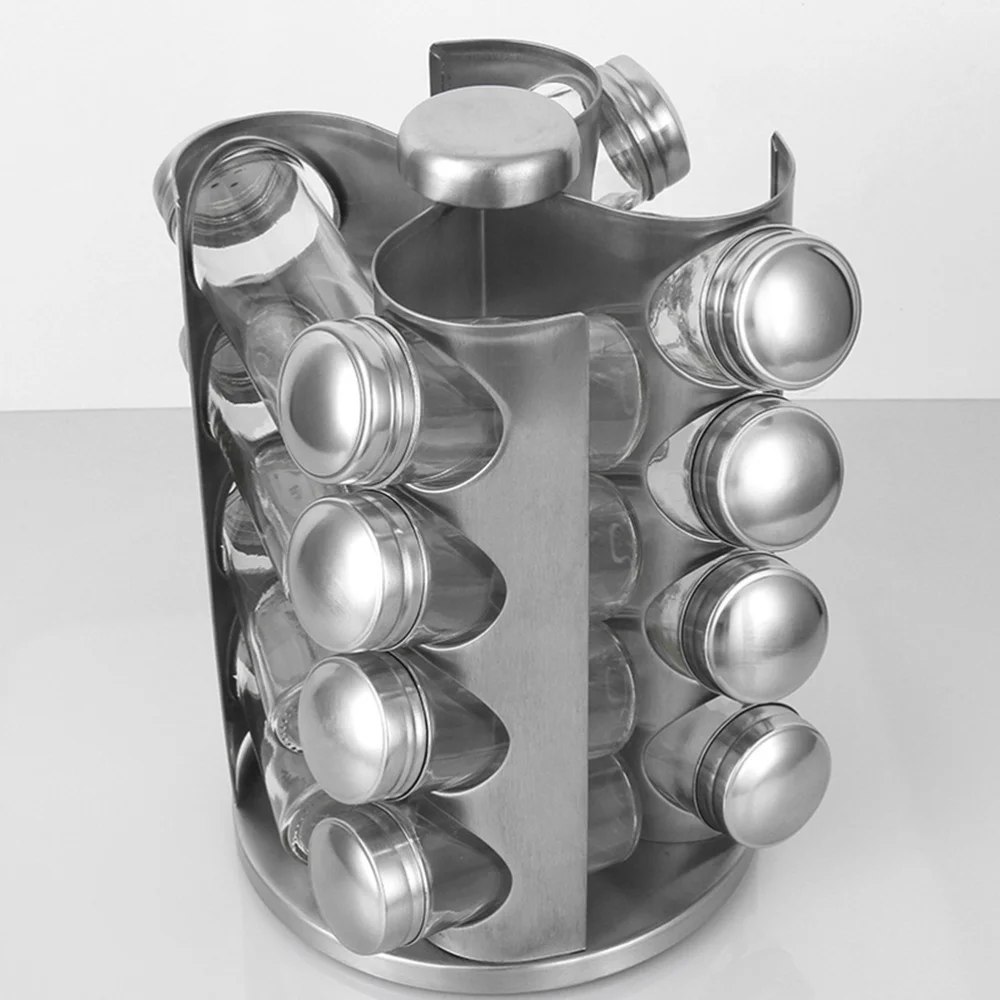 

1 Set of Rotary Seasoning Jar Rack Stainless Steel Condiment Pot Rack Glass Empty Seasoning Bottles (12PCS Bottels and 1PC Rack)