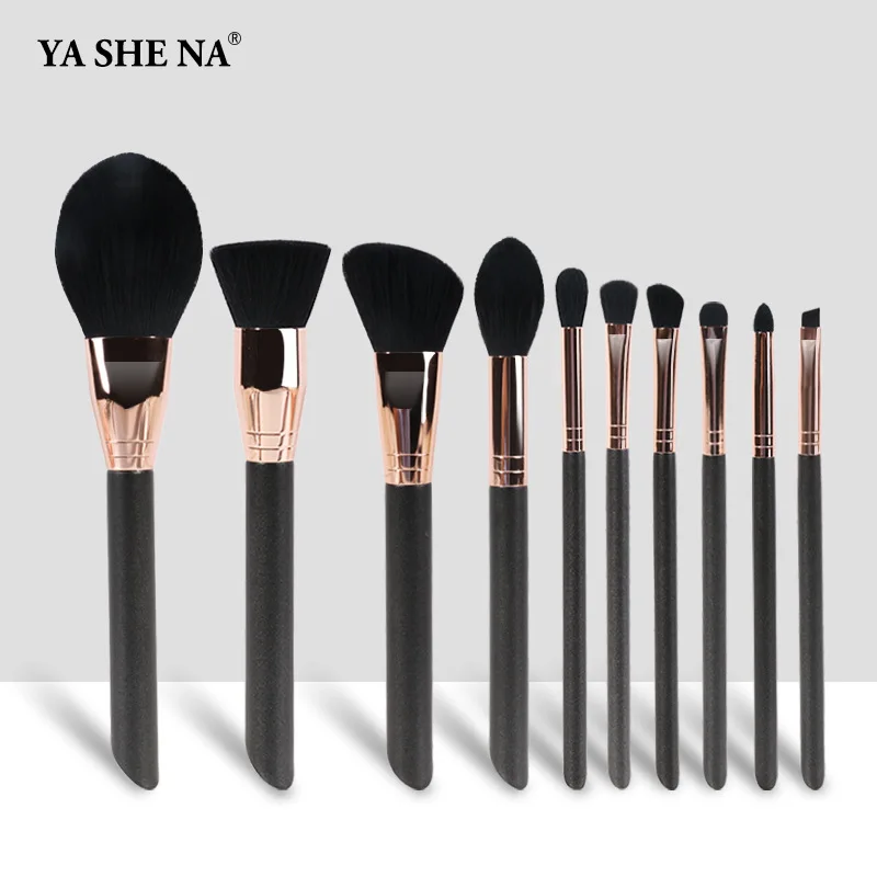 

10 makeup brushes set with black wooden handle makeup tools
