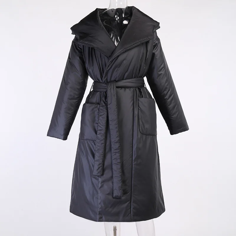 

Hooded Long Winter Jacket with Sashes Fashion Oversized Warm Parka Lady's Trench Coat Black Blue Burgundy