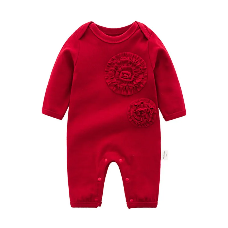 Baby Clothes Red O-Neck Wear A Hat Flower Pattern Romper Children'S Jumpsuit 2020 Spring And Autumn New |