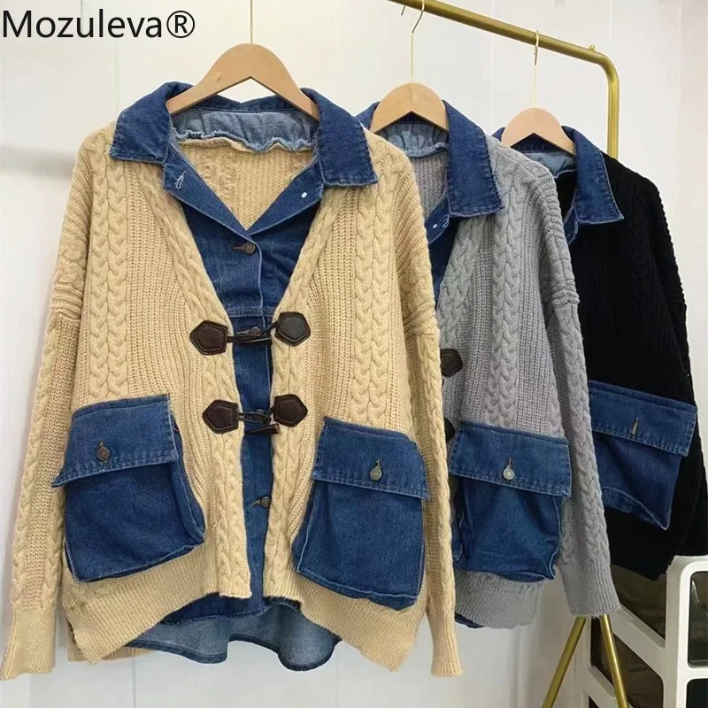 

Mozuleva New 2021 Women's Autumn Winter Sweaters Cardigans Vintage Korean Denim Patchwork Oversized Pockets Knitwear