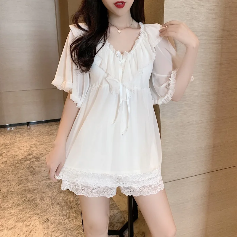 2021 Spring and Summer New Trendy Cute Pajamas Suit with Chest Pad Sexy Lace Stitching Two-piece Outer Wear Home Service