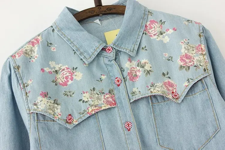 Осенняя винтажная джинсовая рубашка с вышитыми розами для девочек повседневные