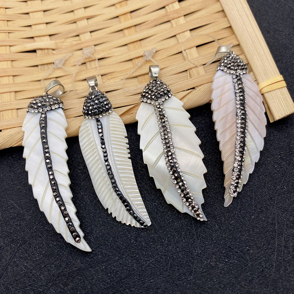 

Natural Freshwater Shell Pendant White Shell Leaf Shape Carving Inlaid Diamonds DIY Necklace Earrings Jewelry Making 1 Piece