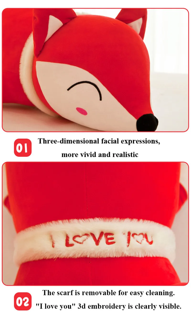 35/50cm Kawaii Plush Pillow Fox Stuffed Animals Doll Anime Plush Toys I LOVE YOU Embroidery Scarf Red Fox Back Cushion Dolls