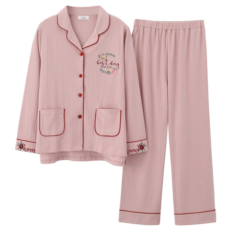 

Two Piece Autumn Ladies Sleepwear Pink Lapel Breathable Home Clothes Cotton Trousers Women Plus Size Pajamas Suit Sweet Students