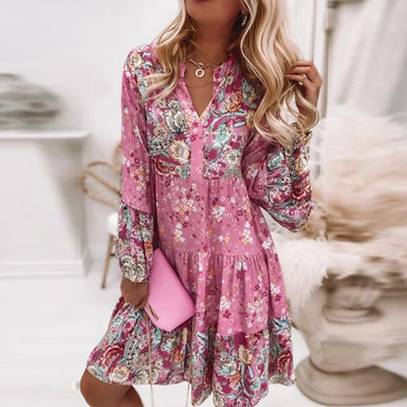 

Boho Retro Floral Print Pleated Party Dress Spring V Neck Elegant Office Lady Dress 2021 Autumn Flare Sleeve Women Dress Vestid