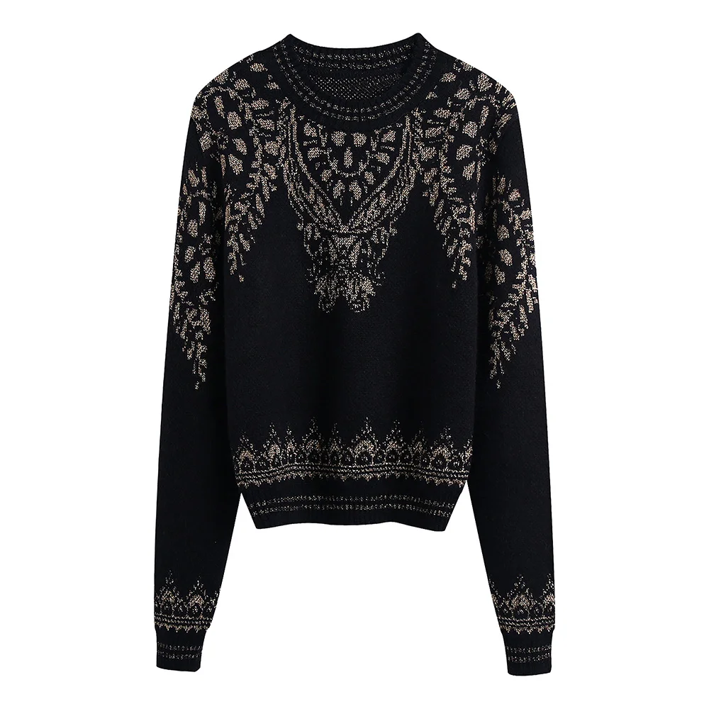

Sweaters For Women 2021 Jumper Vintage Metallic Thread Jacquard Knitted Sweater Pullover Long Sleeve Crew Neck Loose Pullovers