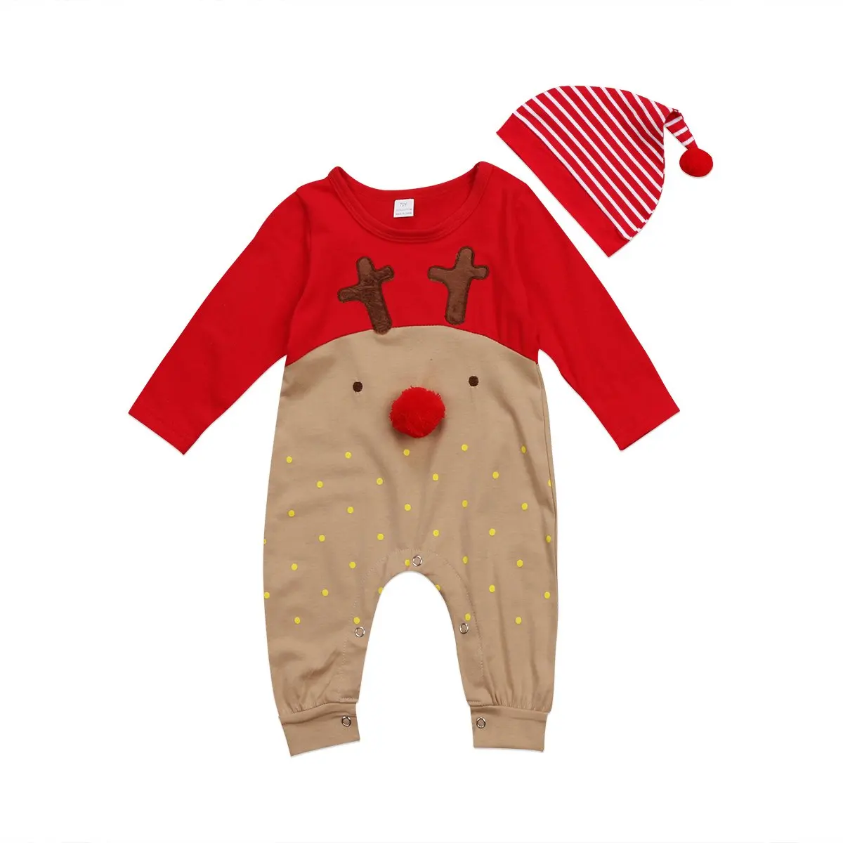 

Newborn Baby Boys Girls Christmas Reindeer Romper Clothes Cartoon Deer Xmas Long Sleeve Jumpsuit With Striped Hat 0-24M