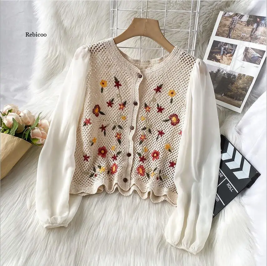 Женский короткий кардиган с вышивкой пикантные топы из органзы шифоновые