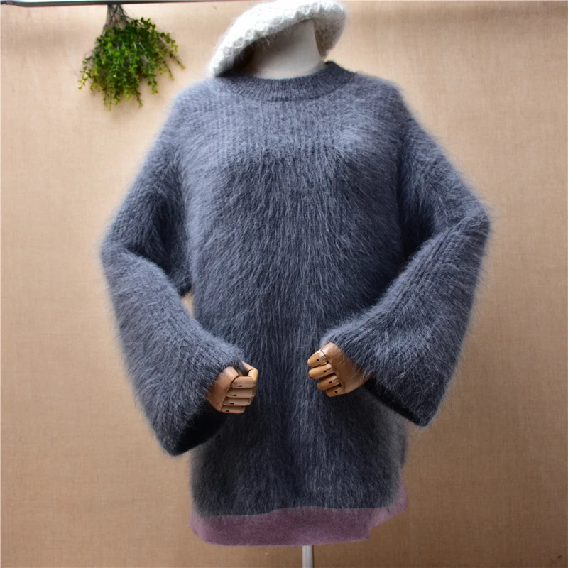 

Женский модный серый пушистый кашемировый свитер из меха норки с круглым вырезом и длинными расклешенными рукавами Свободный пуловер из ан...