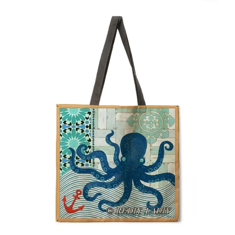 

Marine life linen fabric casual tote bag foldable shopping bag reusable beach bag lady shoulder bag