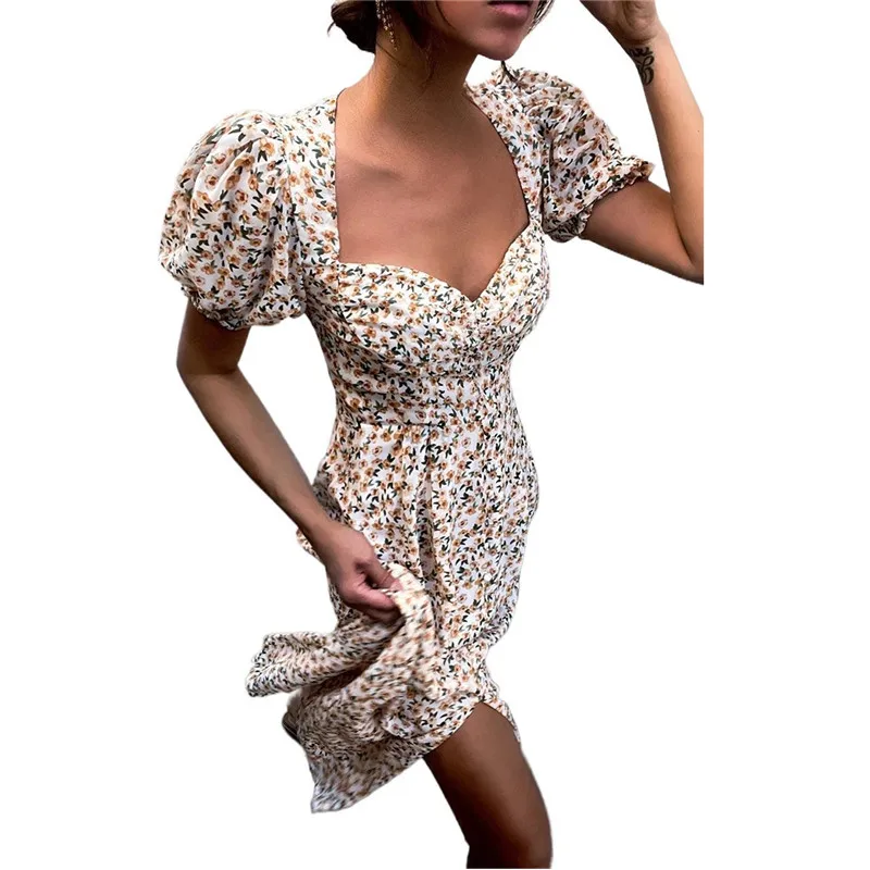 

2021 Summer Casual Women's Digital Printed Short Lantern Sleeve V-Neck Swing Dress Office Lady Elegant High Waist Split Dresses