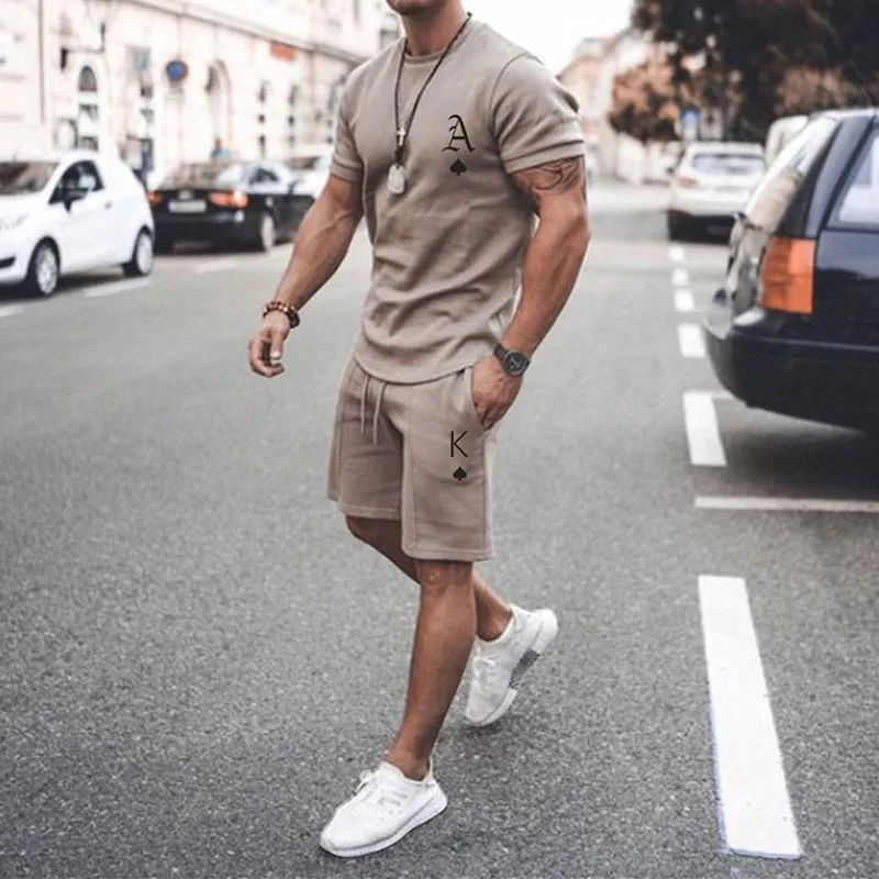 

Summer Men's Short Sleeve t-shirt +Shorts Tracksuit Sets Fashion Casual Ace Spades Card Letters Print Brand Clothing 2 Piece Set