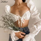 Nibber французские романтические элегантные укороченные топы для женщин милые футболки летняя Уличная Повседневная одежда женская белая футболка с длинным рукавом 2021Top