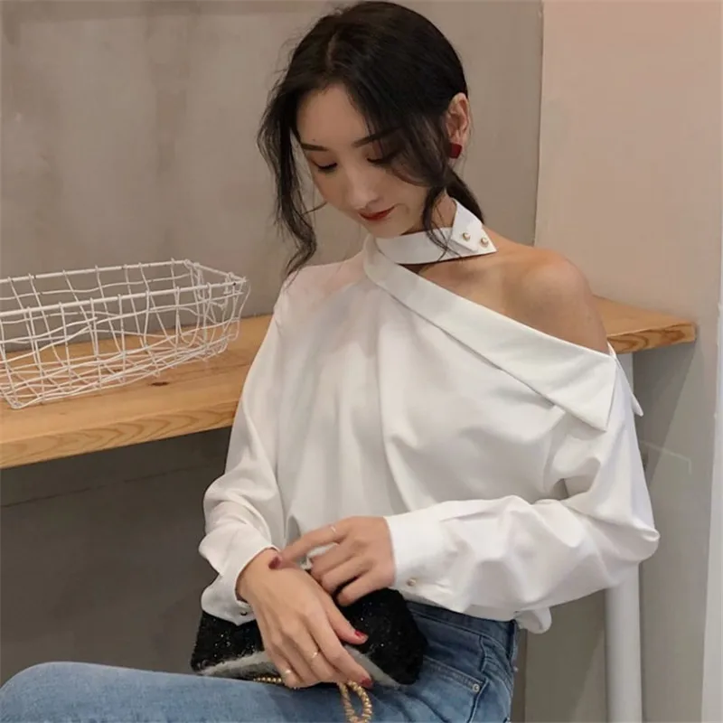 75262white blouse Осень новое поступление Skew Collor Сексуальная Блузка с открытыми плечами Mujer Узкие повседневные рубашки летняя мода Blusas женские топы - Цвет: 75262white blouse