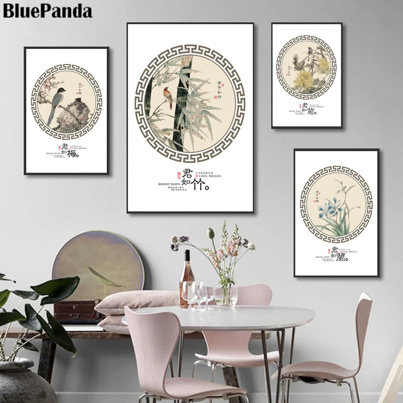 Китайские плакаты и принты бамбуковых птиц хризантемы картина маслом на холсте