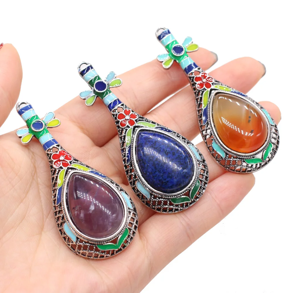 

Vintage Jewely Pins Natural Semi-precious Stone badges Chinese Style Enamel Lute Brooches Pendant for Women Dual Use Jewelry
