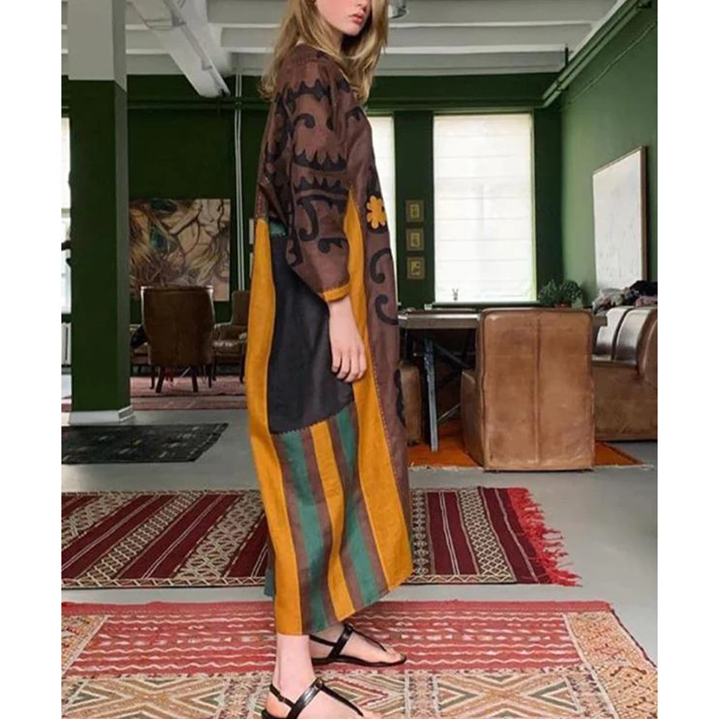 

Women's Casual Loose Long Dress Long Sleeve V-shape Collar Dress with Big Swing FS99