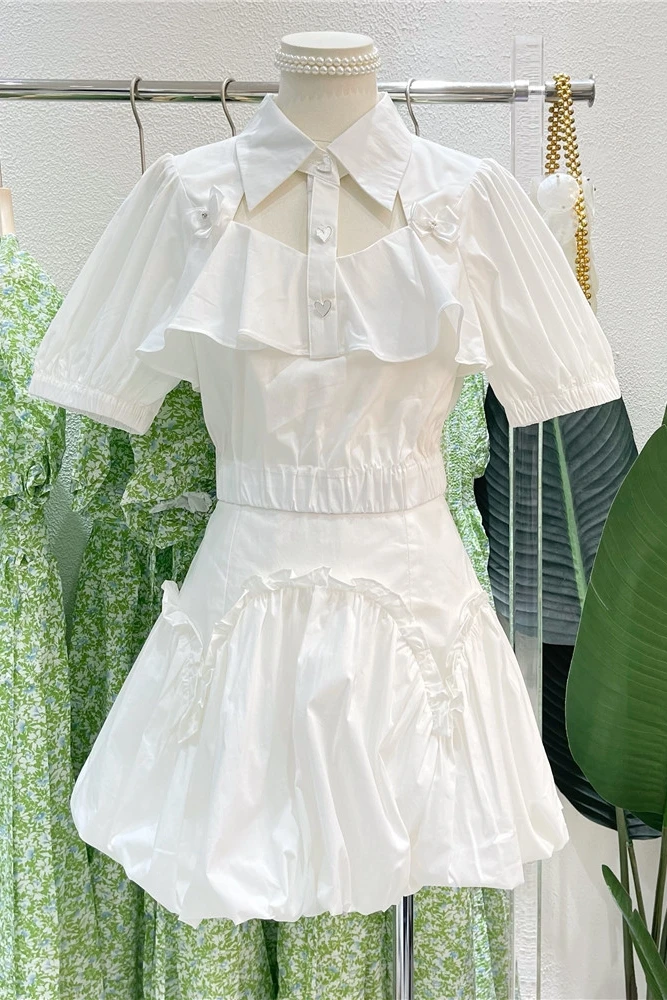 

Summer 2021 French Style off-Shoulder Western Style Short Shirt High Waist A- line Skirt Women's Set Dress