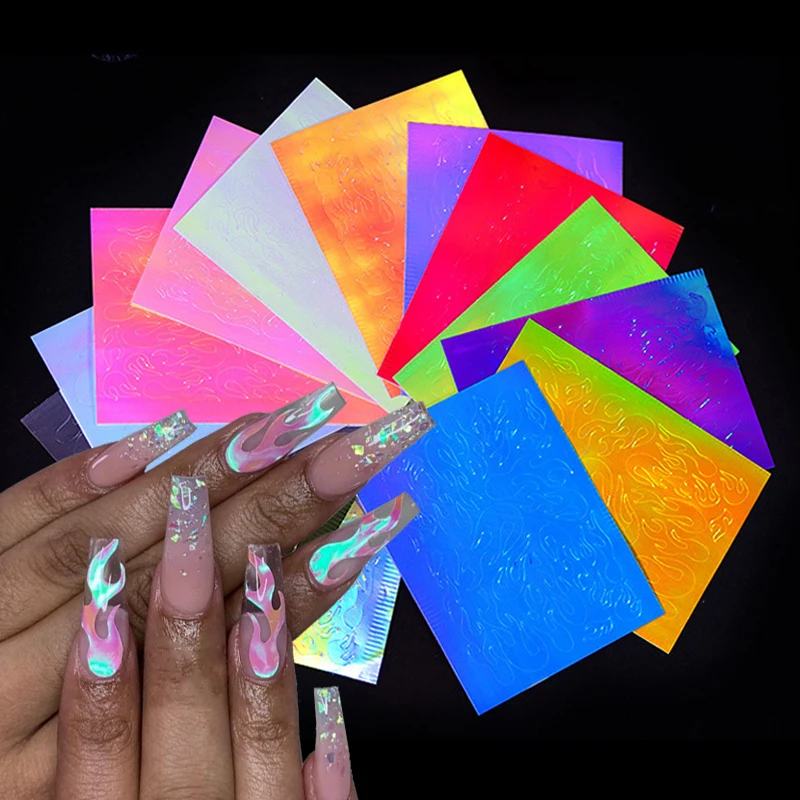 

16pcs Holographic Flame Nail Sticker Laser Fire Transfer Decal Foil 3D Nail Art Decorations Self-Adhesive Manicure Slider Set