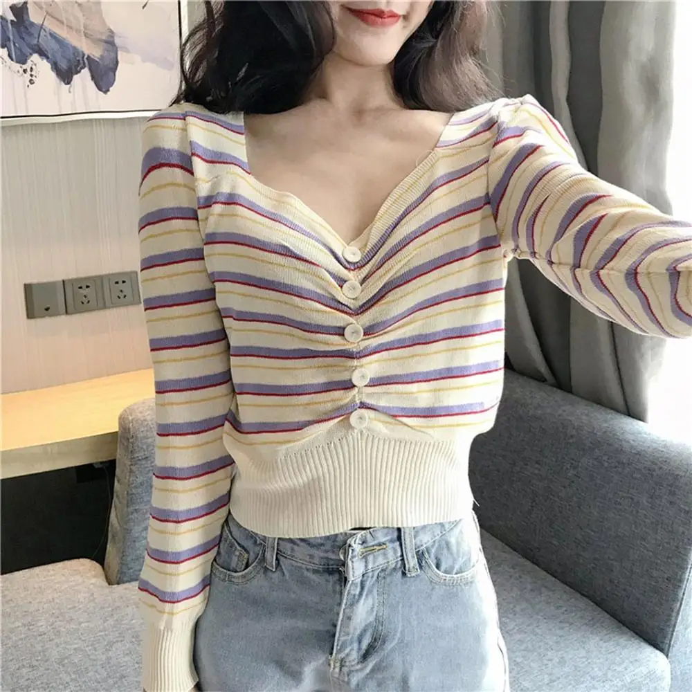 свитер женский sweater Women Casual Knitting V-Neck Tops Long Sleeve Stripe Slim Sweater cardigan pull femme nouveaute 502SS30X |