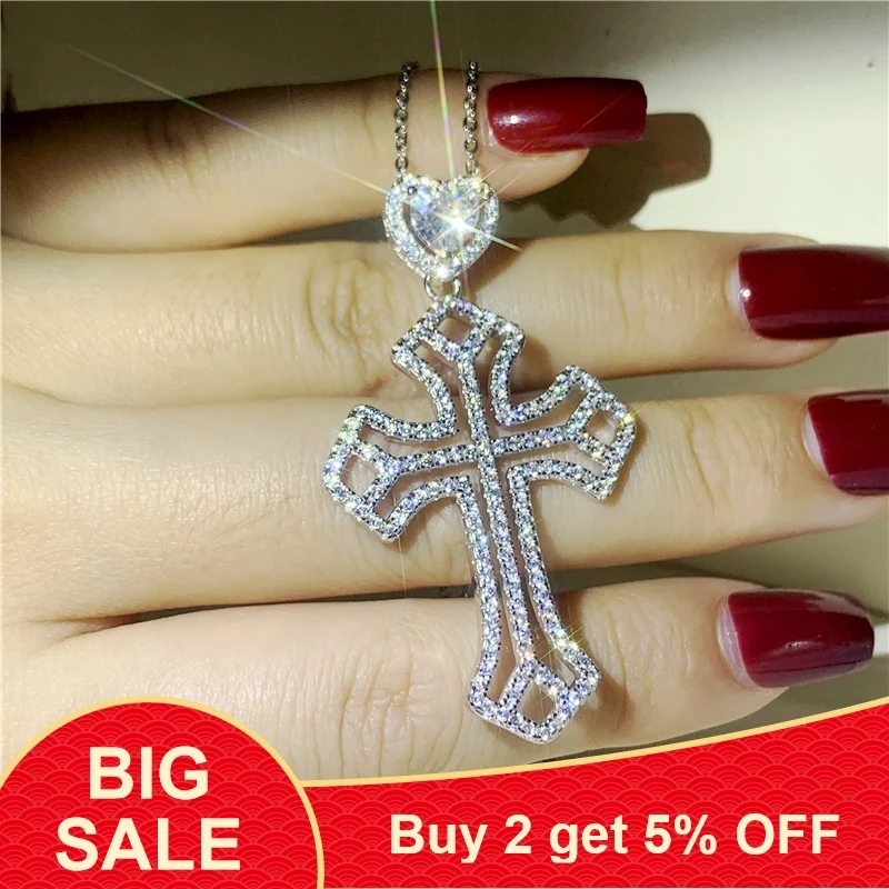 Кулон ручной работы из серебра 925 пробы с подвеской крестом в форме сердца AAAAA