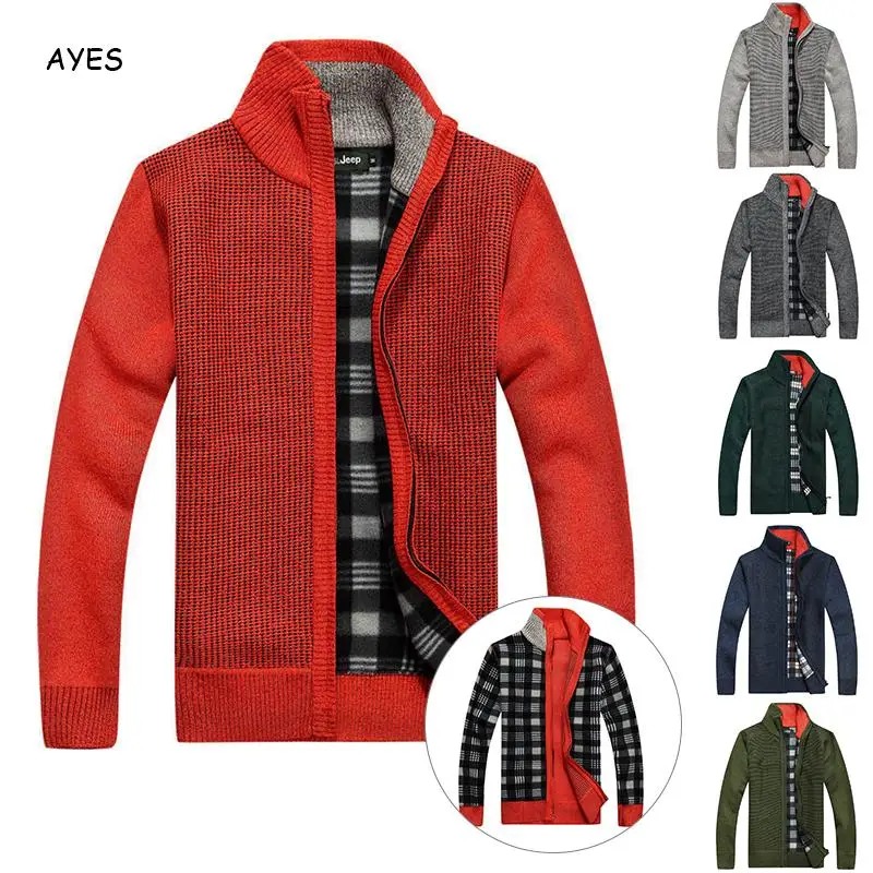 

2019 Autumn Sweater Coat Man Long Sleeve Zipped Stand Collar Double Side Wear Solid Plaid Winter Warm Sweater Jacket Male