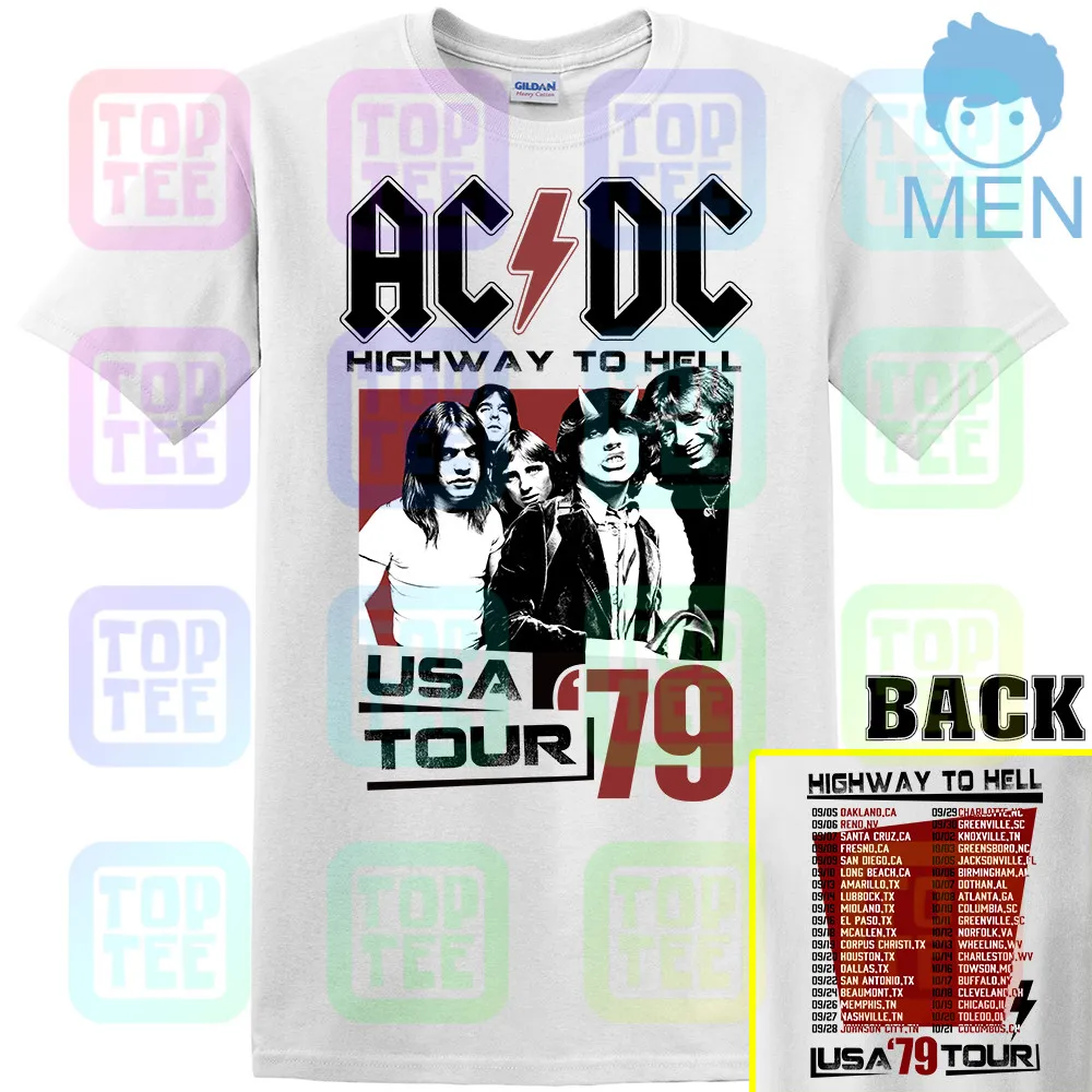 MEN-WHITE ACDC Highway to Hell USA Tour 1979 Мужская футболка Винтаж Рок-Группа Альбом Мерч - Цвет: MEN-WHITE