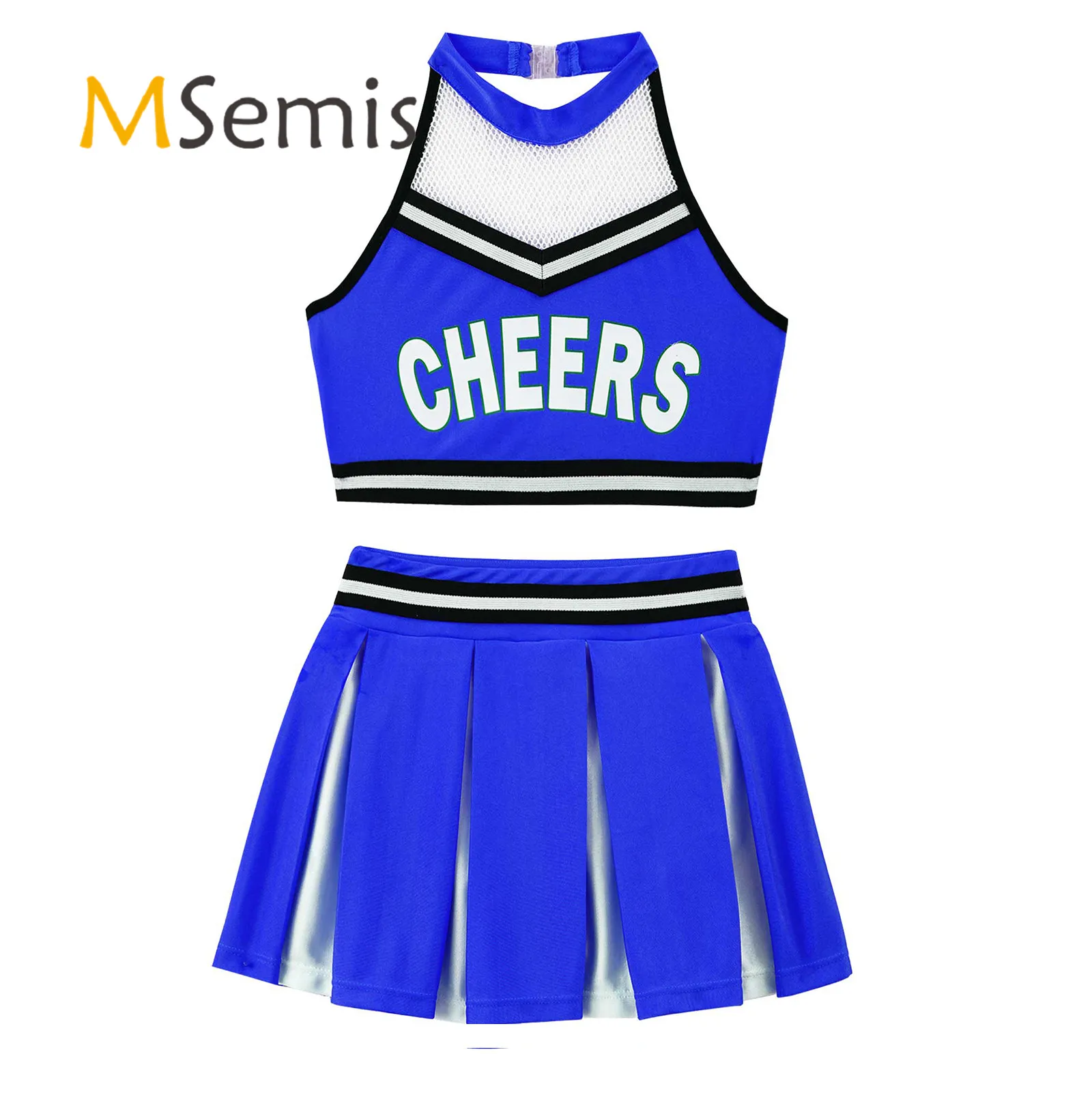 

Kids Girls Cheerleader Dance Costume Halter Neck Backless Crop Top with Elastic Waistband Pleated Skirt Cheerleading Uniform