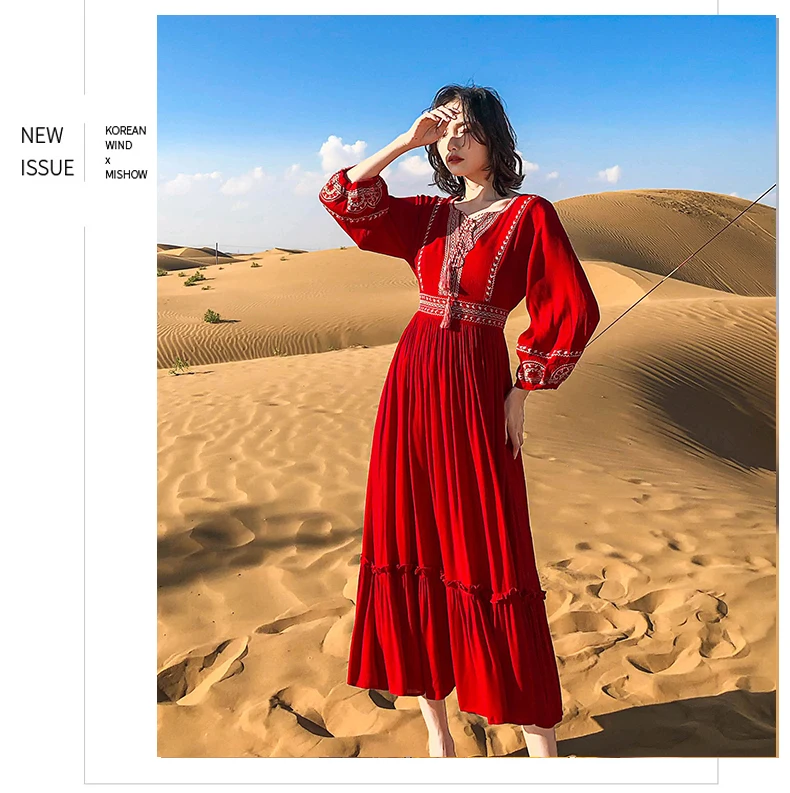 Винтажное богемное Летнее Длинное Платье Tingfly с вышивкой красные вечерние платья