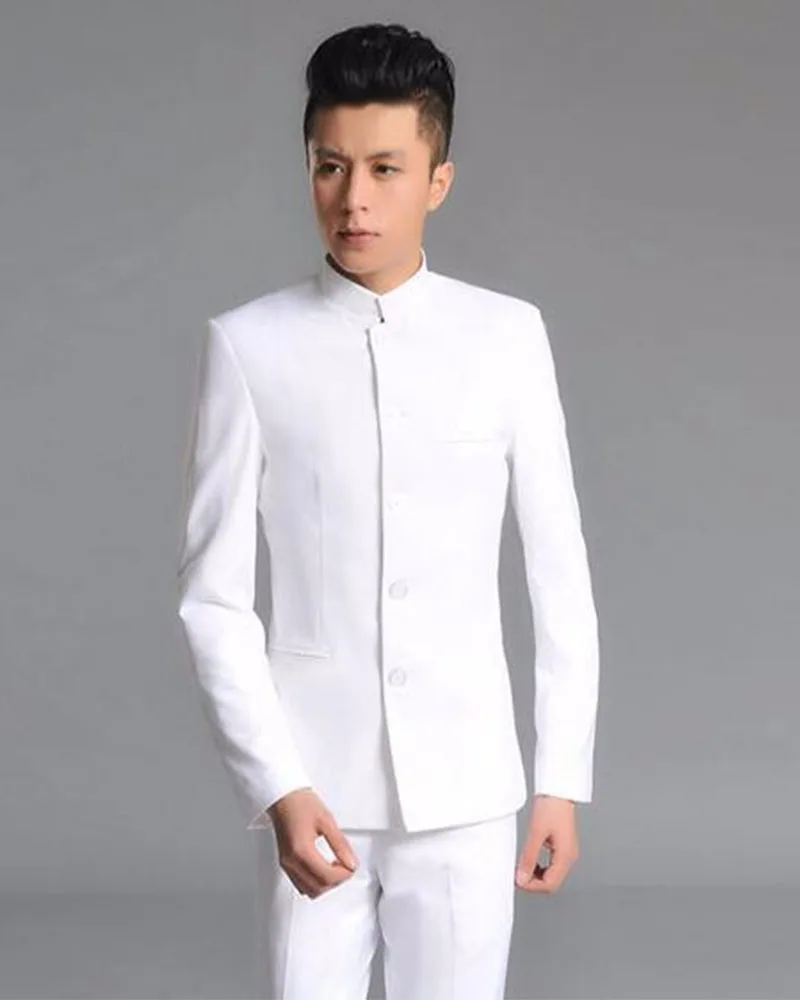 

Костюм мужской с воротником-стойкой, дизайнерский пиджак и брюки, серого/белого/черного цвета, индивидуальный пошив, большие размеры, 2 шт.