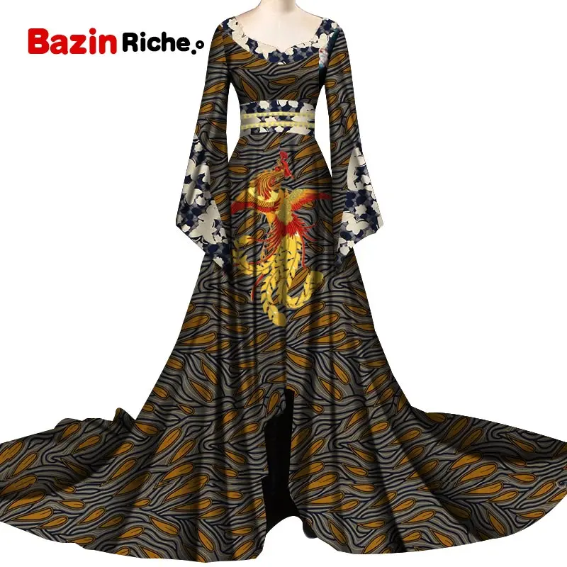 Dashiki African Print Long Dresses for Women Sexy Patchwork Lace O-neck Wedding Floor-length Dresses Bazin Riche Vestidos WY6082