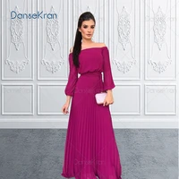 long sleeves prom dresses 2022 strapless pleat fuchsia chiffon formal gowns women a line maxi evening dresses for wedding party