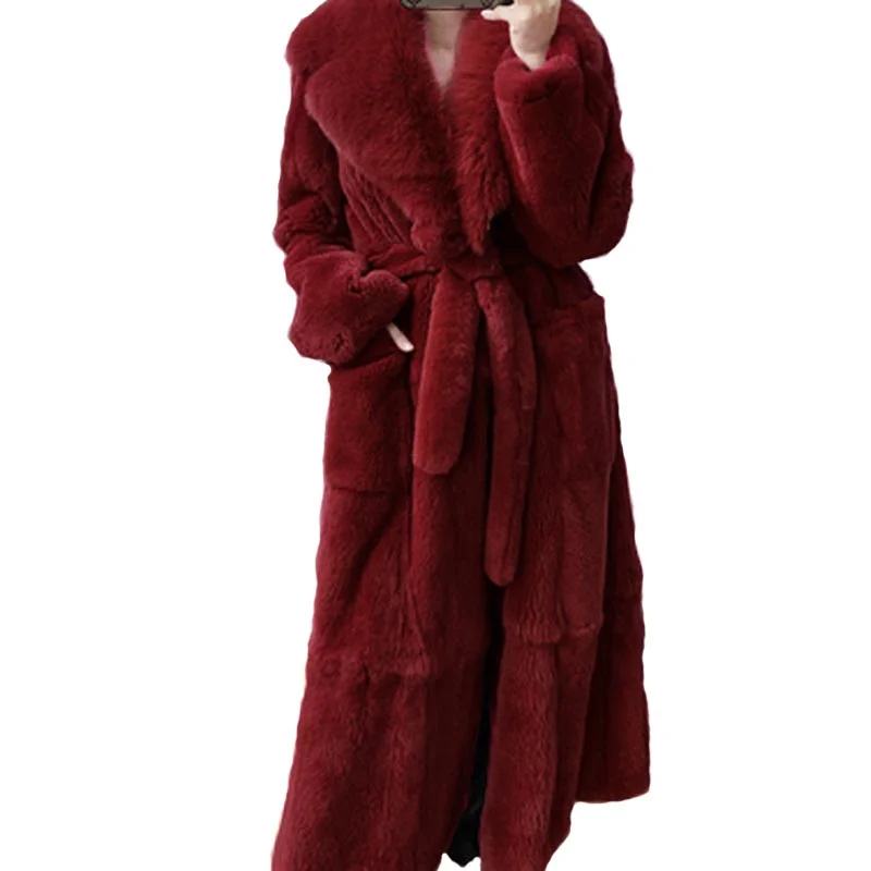 

Faux Fur Long Coats Women Winter Solid Fake Fur Long Sleeve Sash Pockets Thick Warm Plus Size Female Overcoats Fashion M641