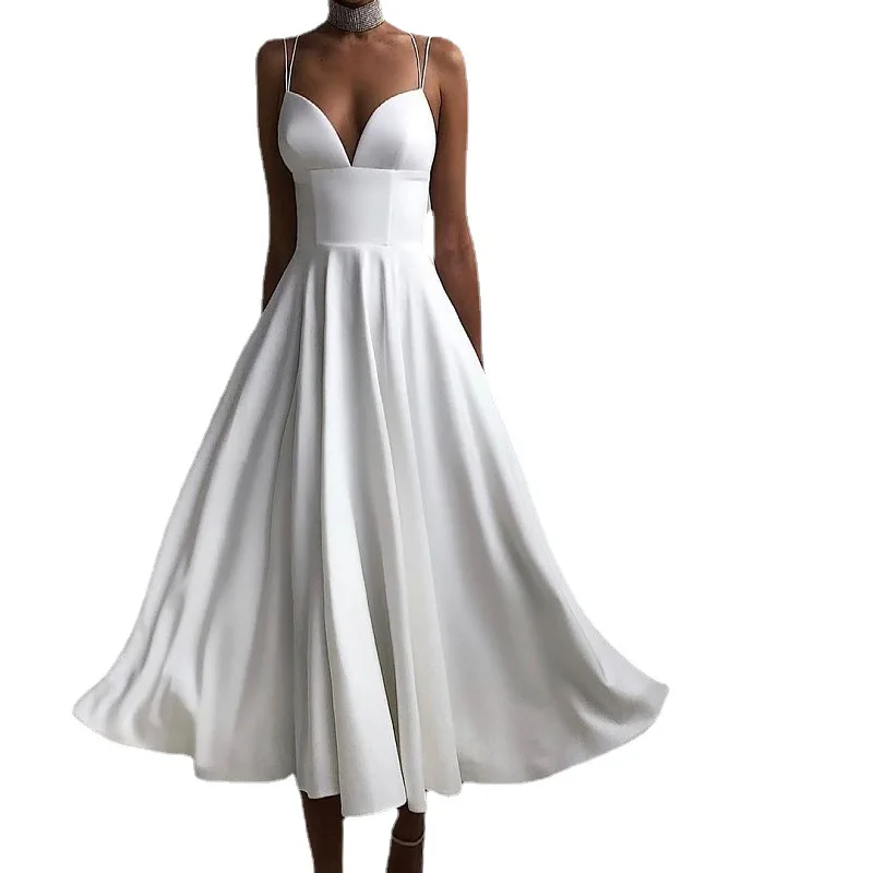 

Women Vintage V Neck Solid Color Formal Dress Solid Color Sexy Strap Evening Party Long Dresses
