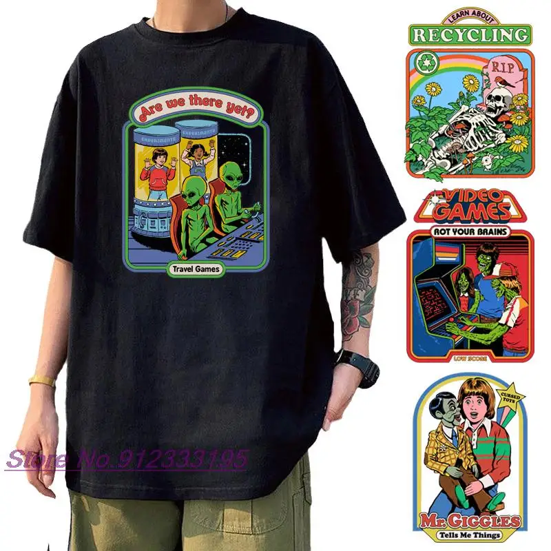 Horror Alien Are T Shirt We Here Yet Funny Death Demon Harajuku Men Tee 90 Vintage Evil Cartoon Graphic Camisetas Ropa Hombre