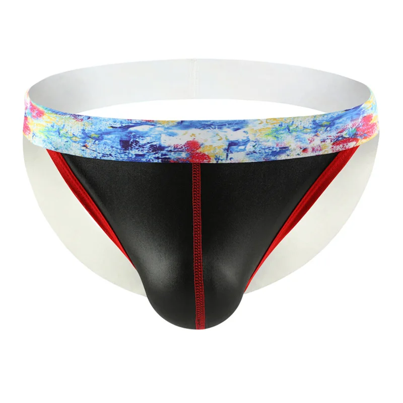 Мужские трусы стринги из искусственной кожи черные с U-образным выпуклым