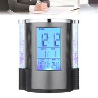 digital mesh pen pencil holder with led light lcd desk alarm clock pen holder pens rulers office desk organizer