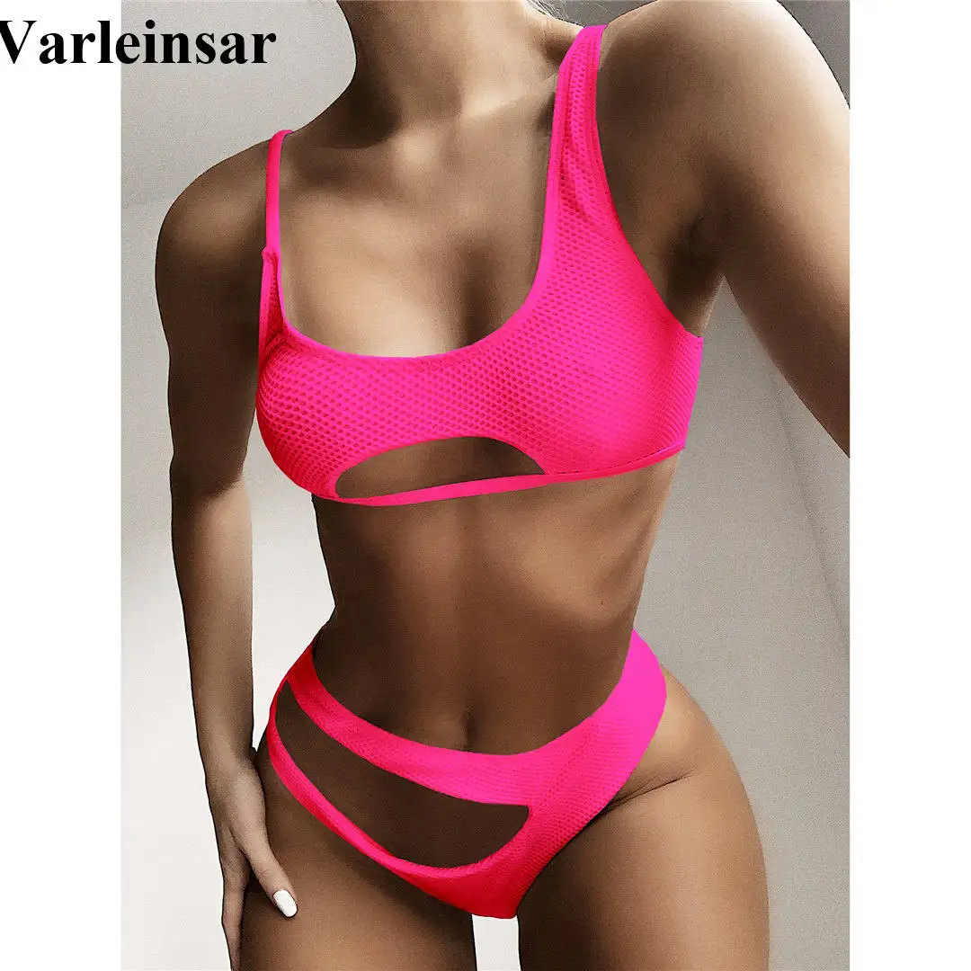 Пикантное неоновое розовое бикини со средней талией женская одежда для плавания