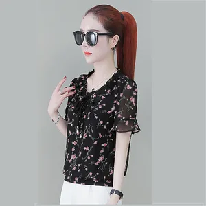Женская шифоновая блузка, Повседневная Свободная рубашка с коротким рукавом, круглым вырезом и принтом, весна-лето, DF3589, женские блузы Tops