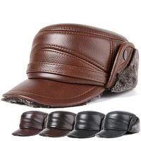 natural genuine leather caps for men winter bomber hats fur warm earmuff hat mens anti cold brands cowhide leather cap new