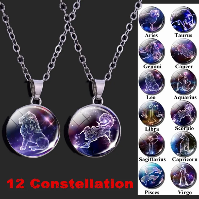 

12 Constellation Chain Necklace Zodiac Button Pendant Jewelry Fashion Men Women Scorpio Leo Necklace Accessories Birthday Gifts
