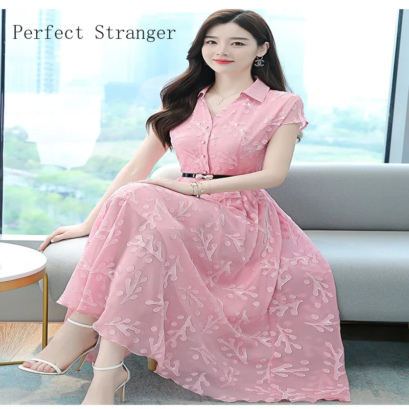 

Champagne High Quality 2021 Summer Dress For Women Turn-down Collar Jacquard Weave Short Sleeve Chiffon Long Dress With Belt
