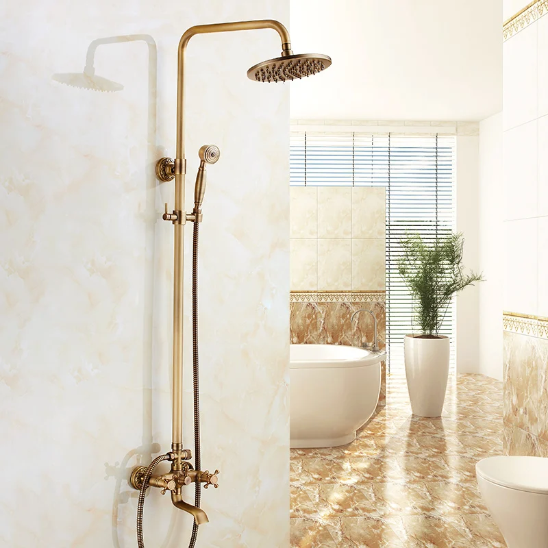 brass antique bathroom shower faucet set wall mount dual handle with handshower brass bathroom shower mixer tap free global shipping