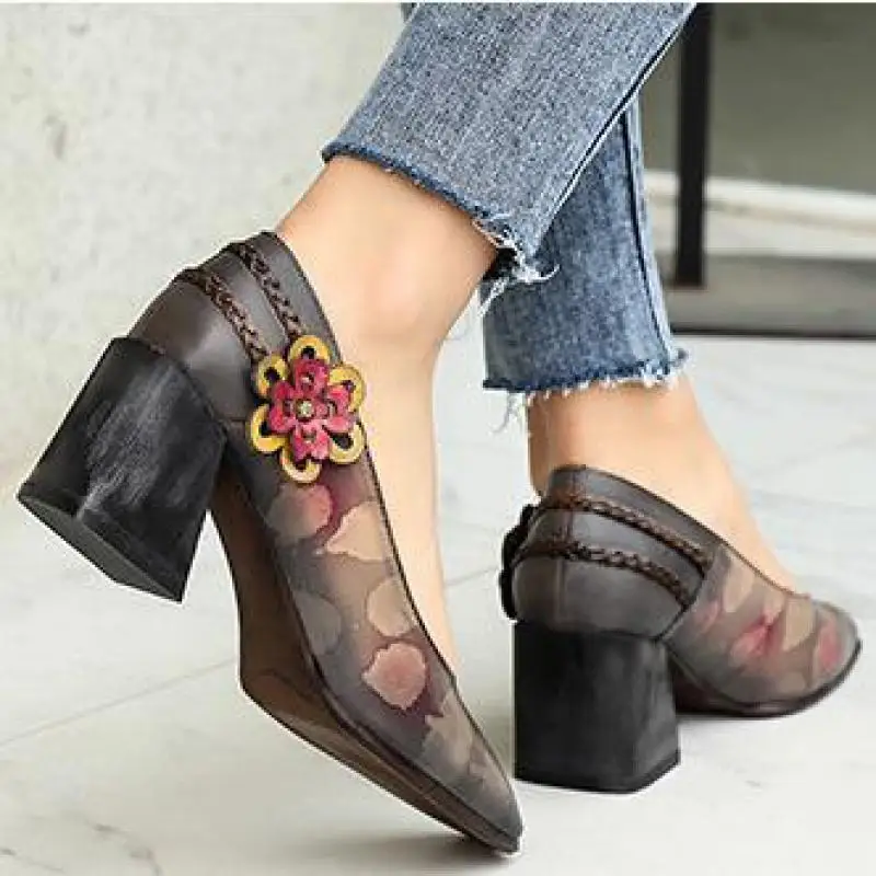 

YourSeason Ladies Retro Square Toe Pumps Genuine Leather 2020 New Spring Autumn High Heels Ladies Handmade Casual Flower Shoes