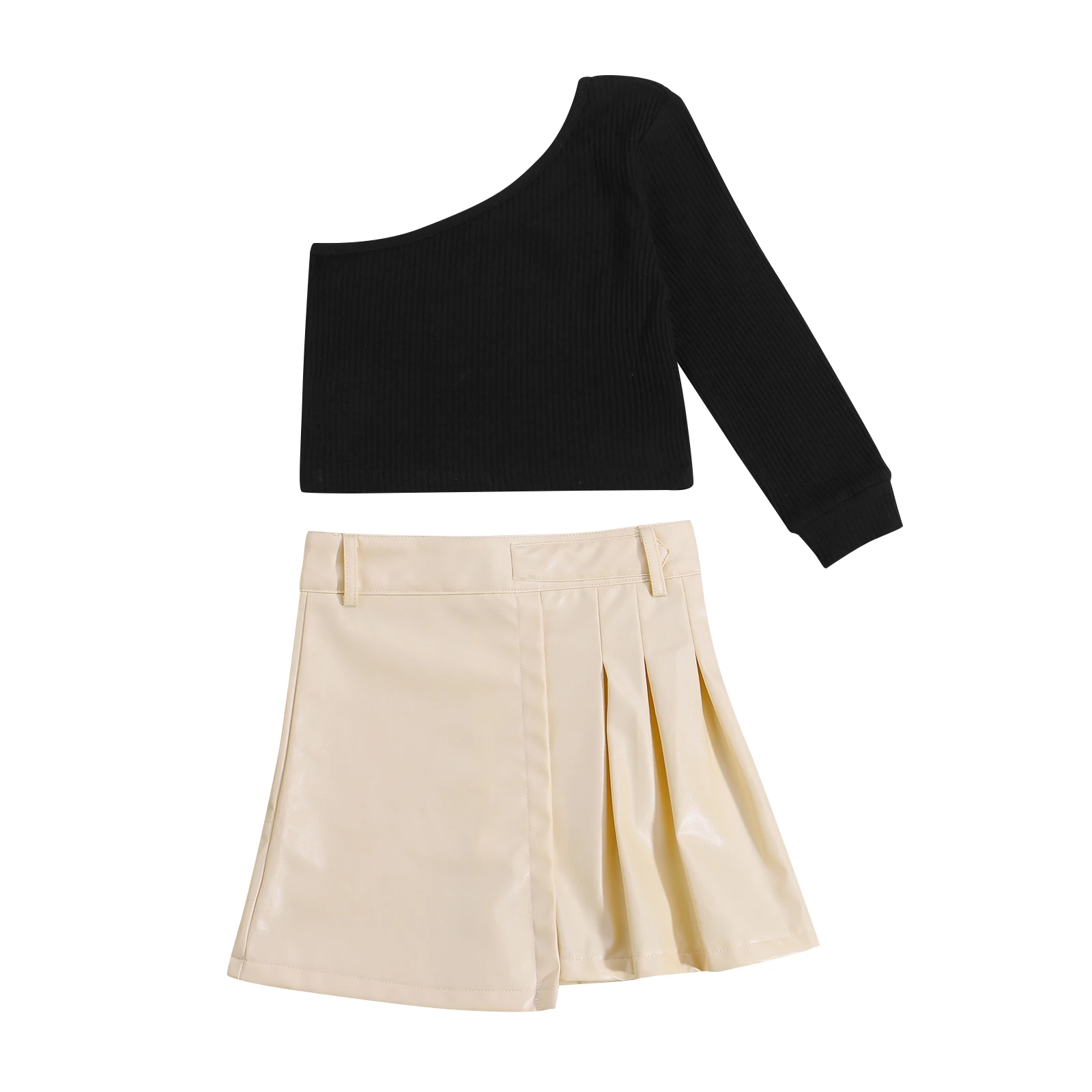 

OPPERIAYA 2Pcs Kids Autumn Cotton Costume Baby Girls Solid Color One-Shoulder Long Sleeves T-Shirt Leather Short Skirt 2-6 Years